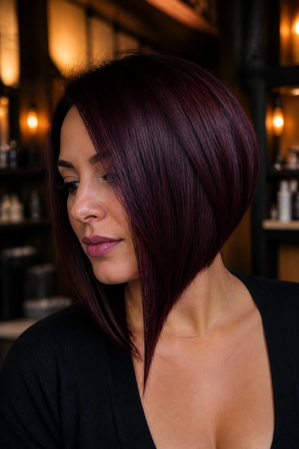 Close-up portrait of a real person with deep burgundy asymmetrical lob