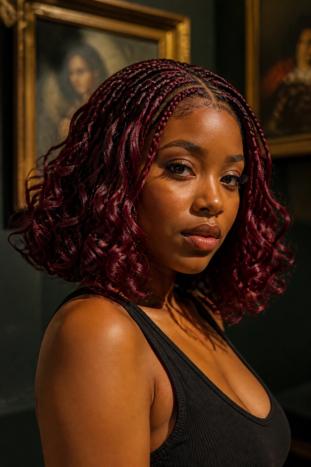Close-up of a real woman with burgundy bob and curly tips in a moody gallery.