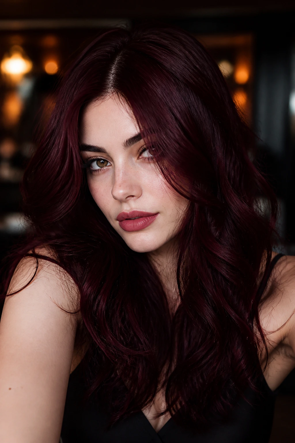 Real woman with deep burgundy wine-toned hair in warm lighting.