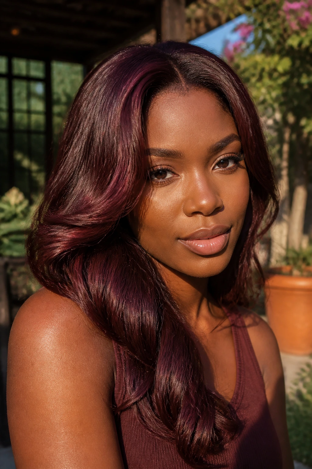 Portrait of a woman with burgundy chocolate hair in golden hour light
