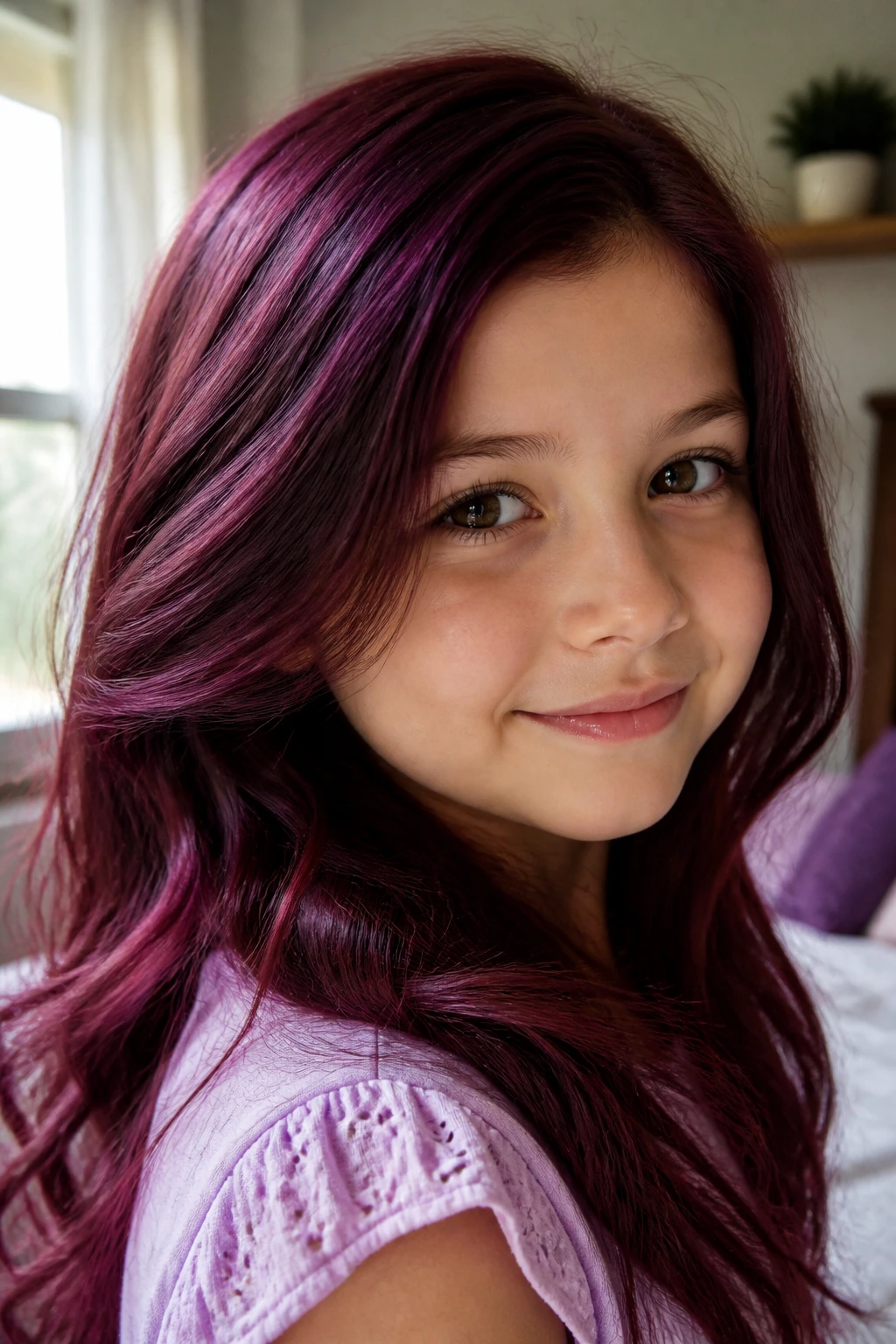 Close-up of a real child's hair in deep burgundy wine color under soft window light