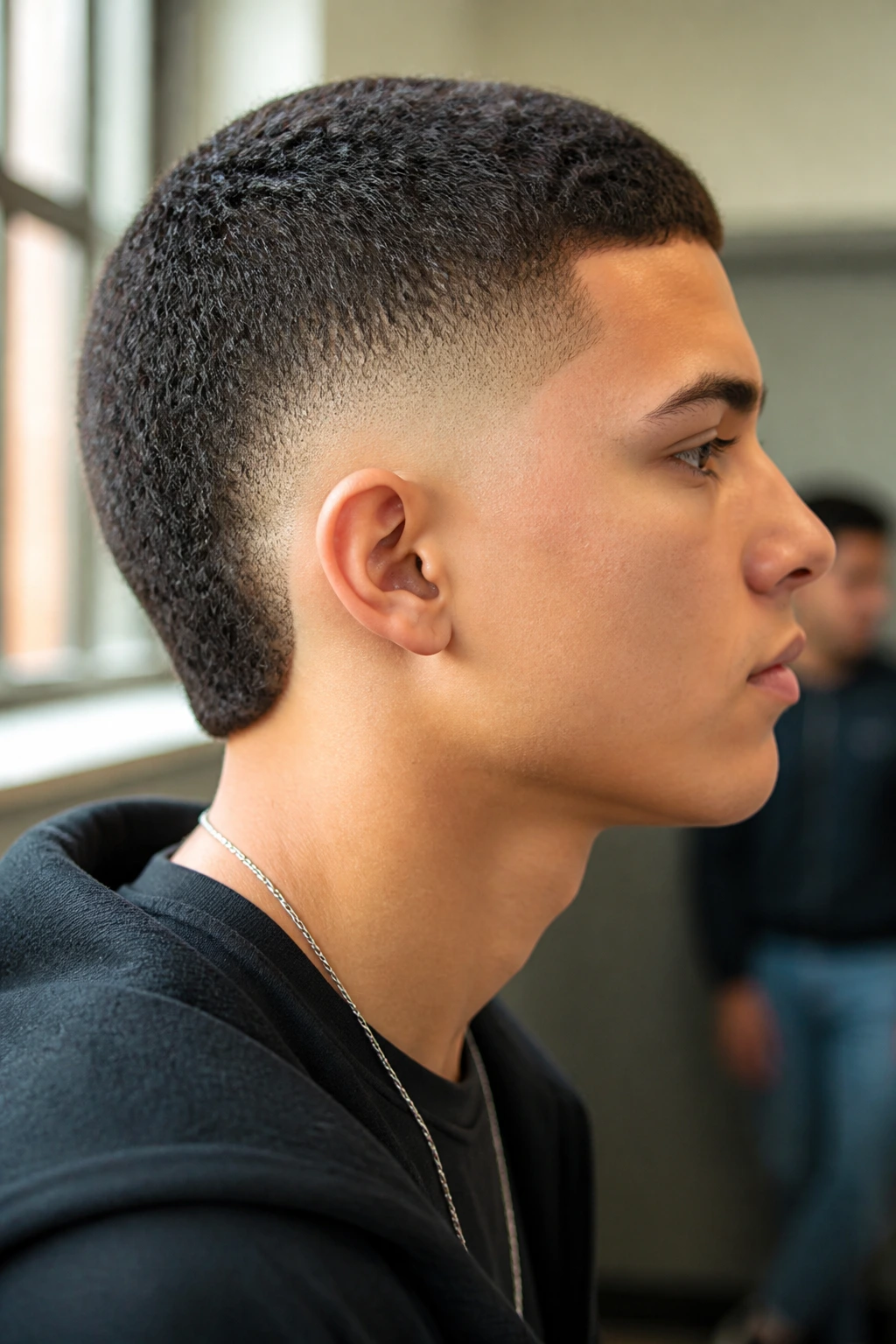 Side-profile of a student with burst fade haircut in a school setting