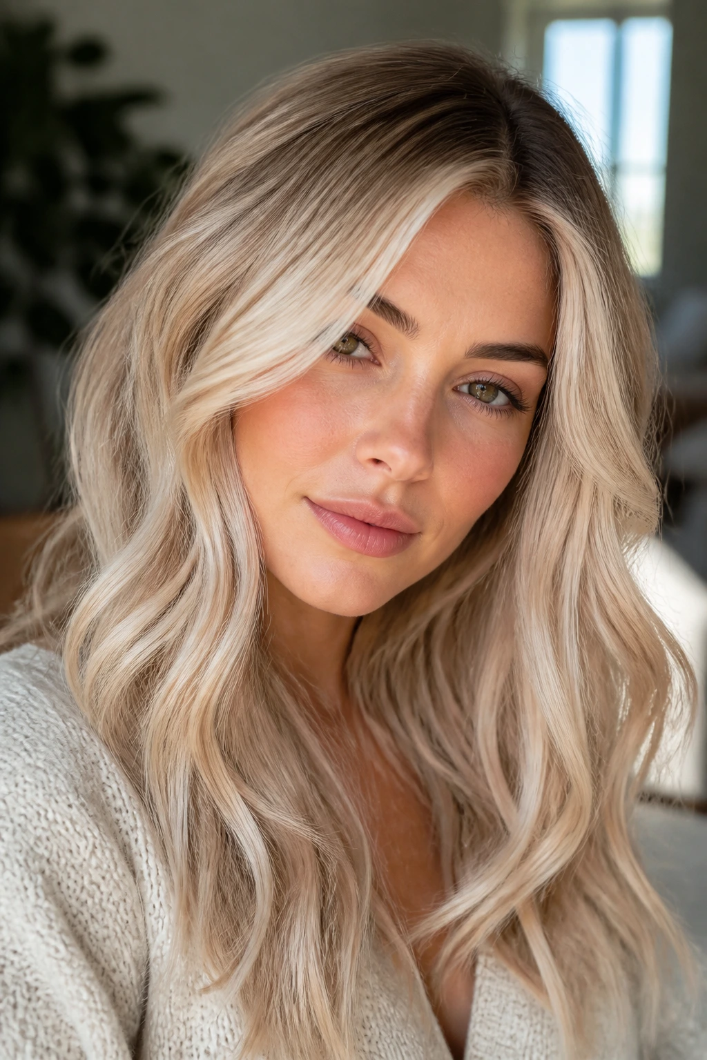 Close-up portrait of a real person with buttercream blonde hair in soft lighting.