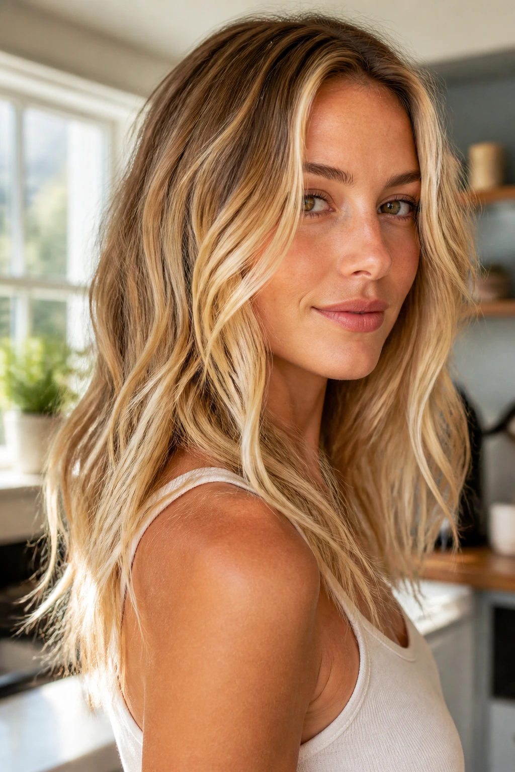 Close-up of a real woman's golden blonde hair with buttercream frosting highlights