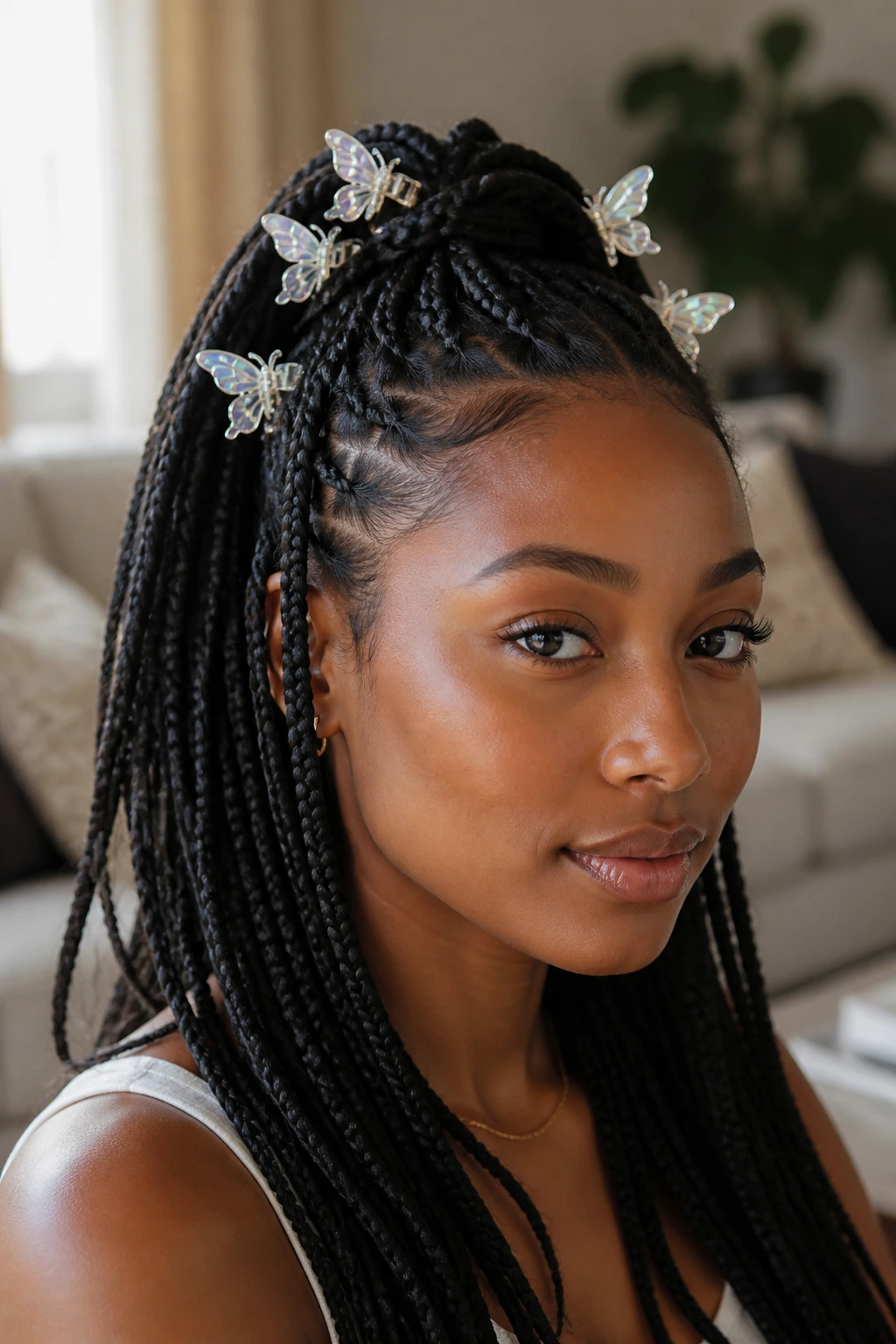 Real woman with butterfly clips in braids near the crown.