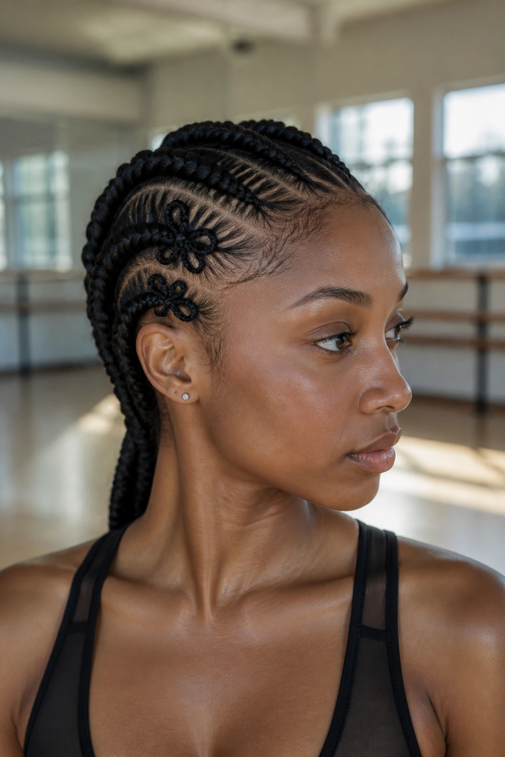 Close-up of butterfly-accents on goddess cornrows on a real person in a studio