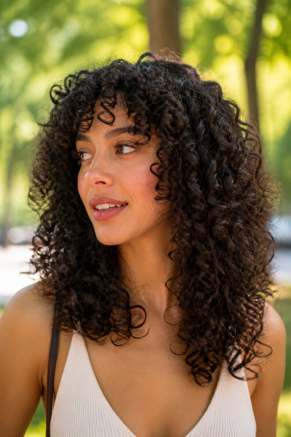 Close-up of a real person with deep layered spiral curls in butterfly silhouette outdoors