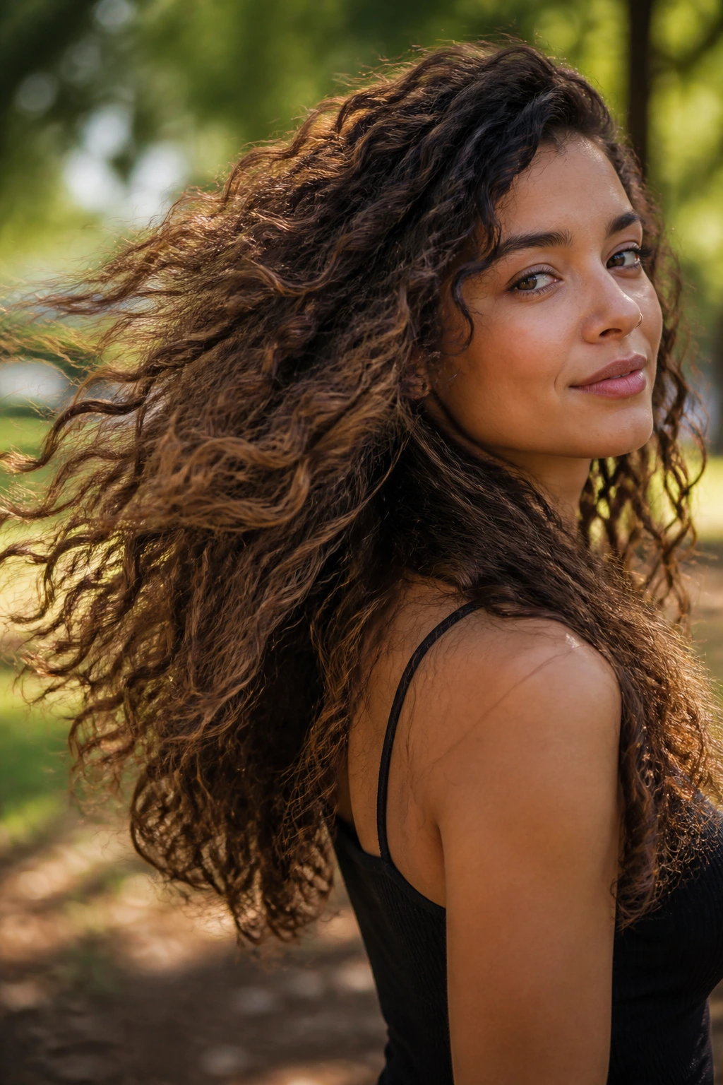Close-up of a real woman with long curly hair showing hidden layers in motion