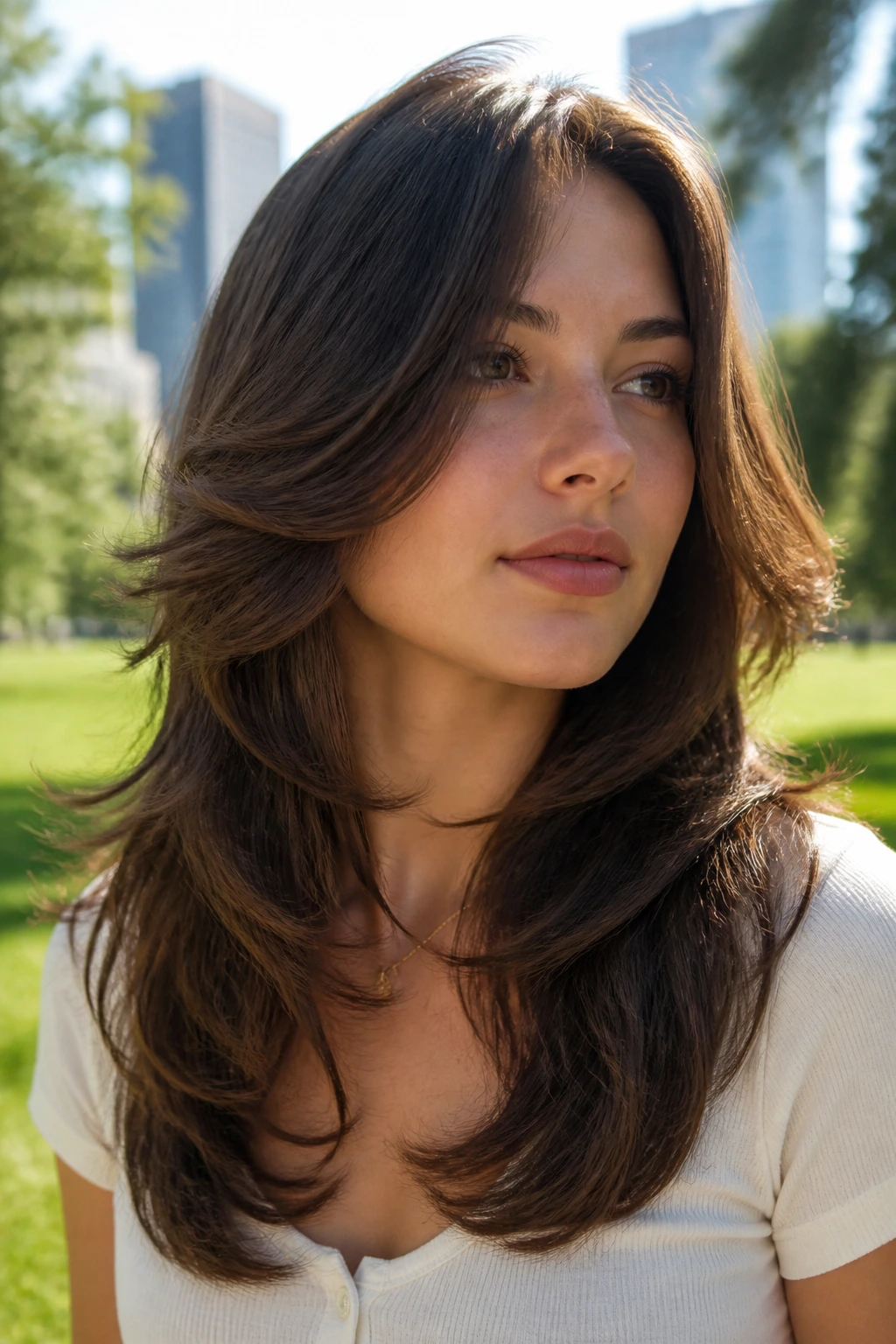 Close-up of a woman with face-framing layers sweeping outward in a butterfly cut.
