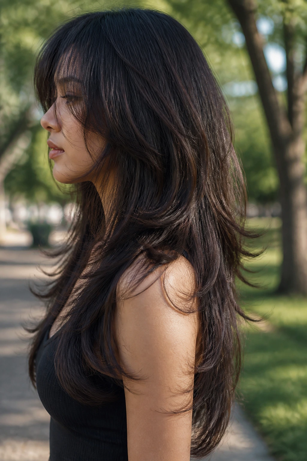 Side profile of real woman with wispy-end butterfly haircut