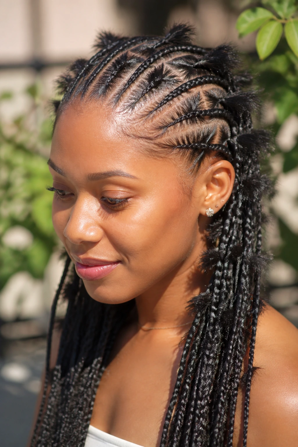 Close-up of butterfly micro cornrows with fluffy wings along the braids
