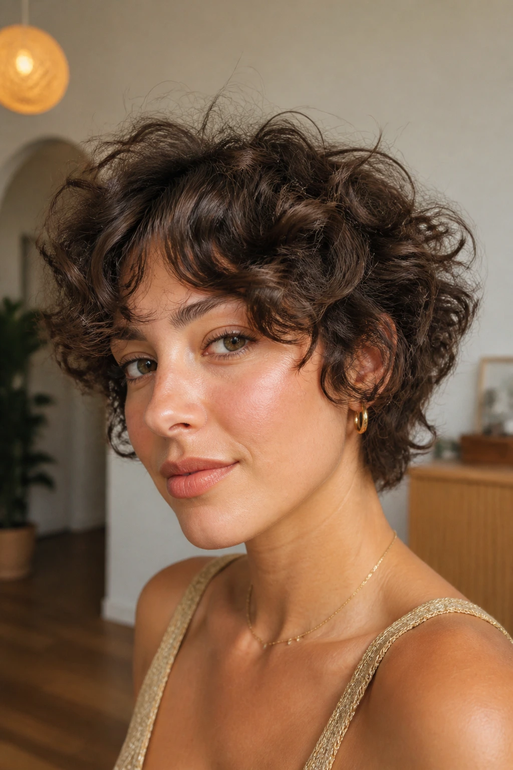 Close-up of a real woman with a mid-length butterfly pixie curls under natural window light