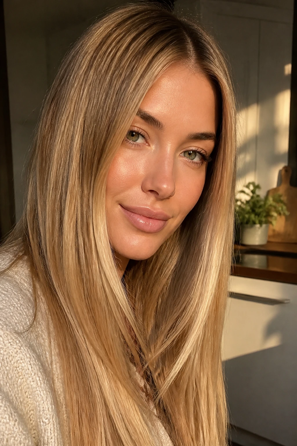 Close-up portrait of a real woman with buttery biscuit blonde hair in golden-hour light.