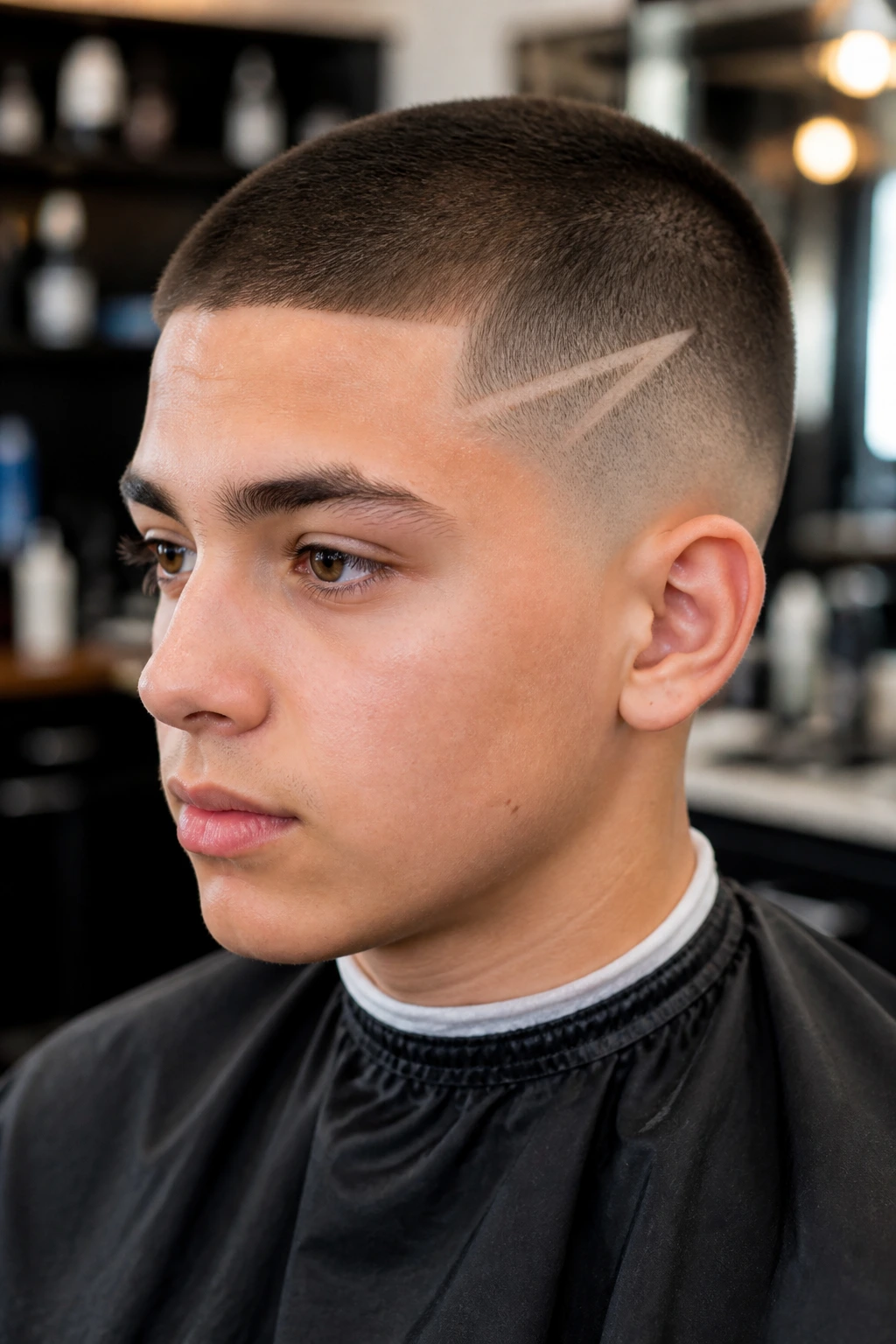 Teenage boy with buzz cut design in barbershop lighting
