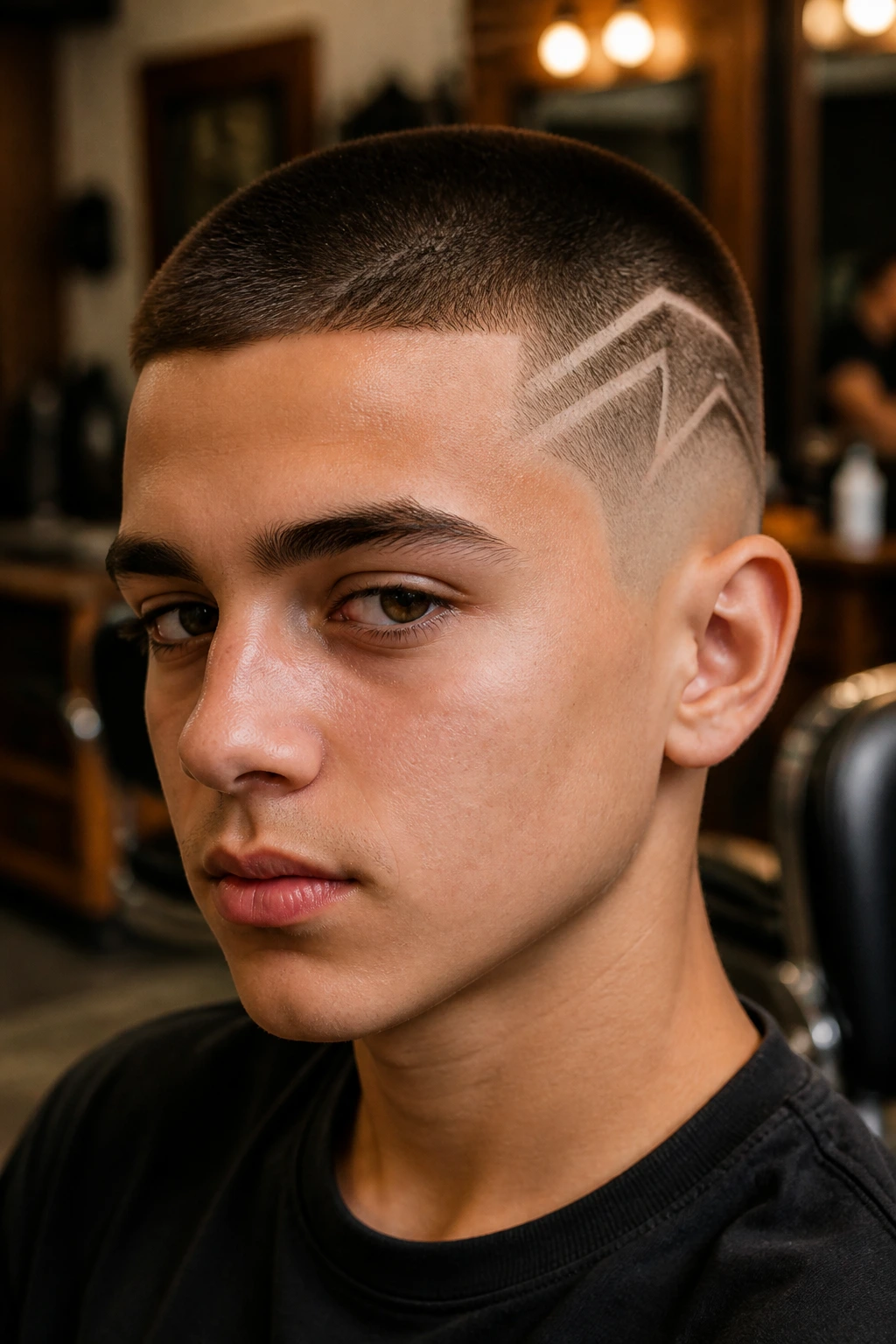 Close-up of a teen with a buzz cut and geometric side design.