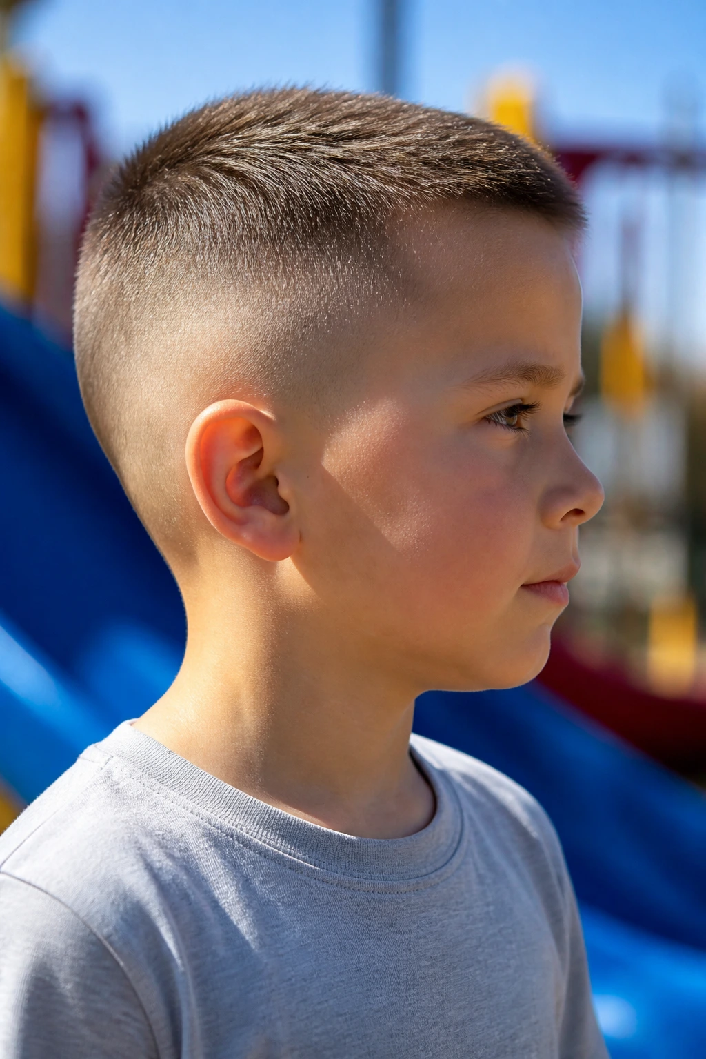 Profile view of a real child with a buzz-cut fade
