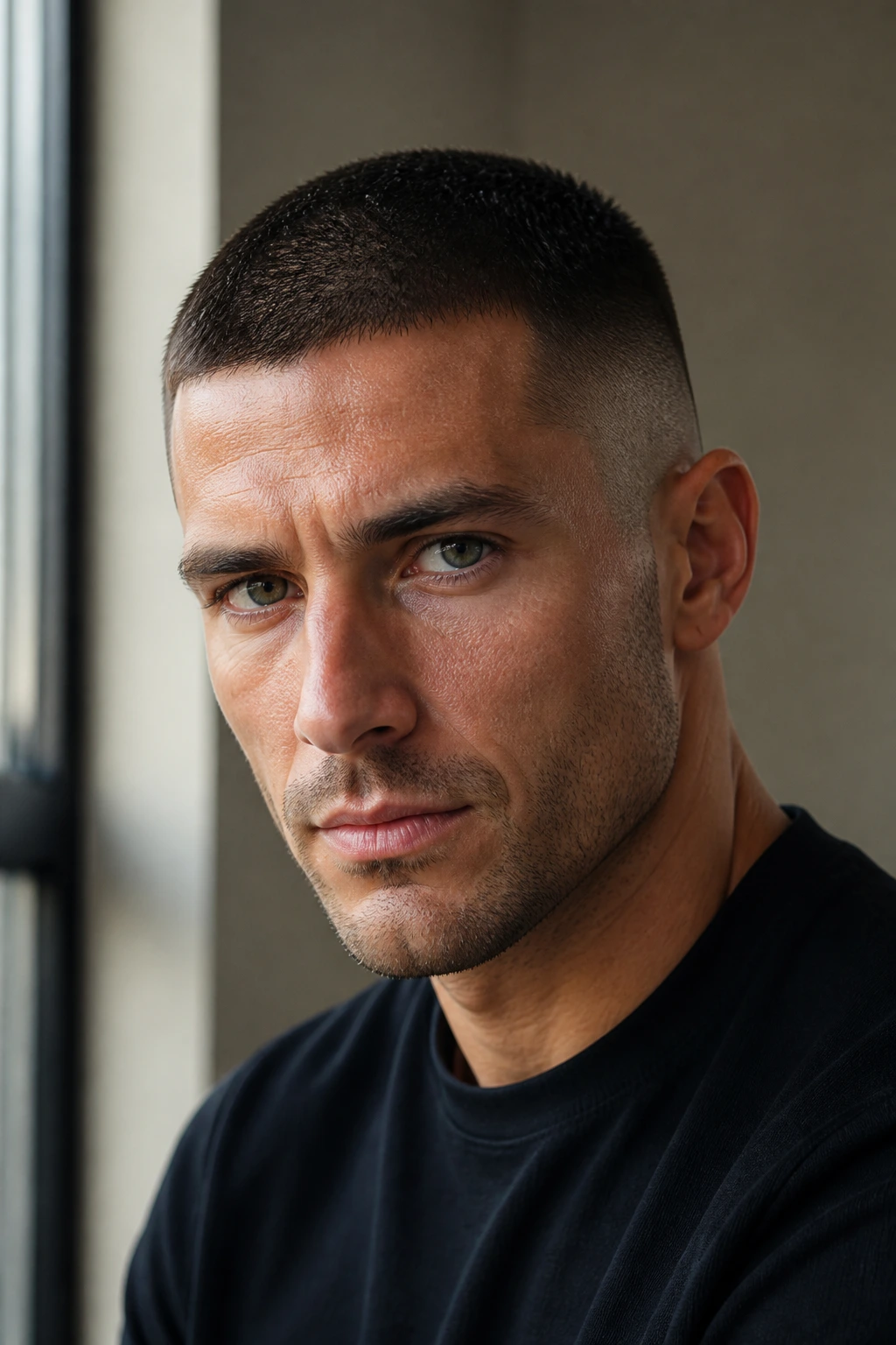 Close-up portrait of a man with a buzz cut with fade in a modern interior