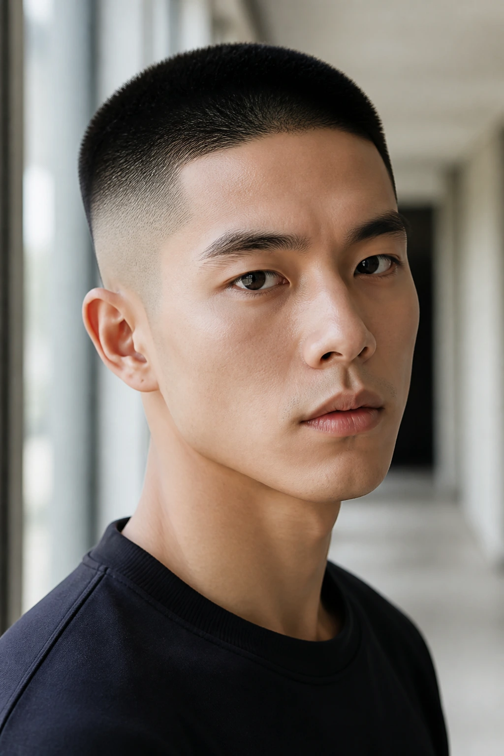 Portrait of a real person with a buzz cut and fade