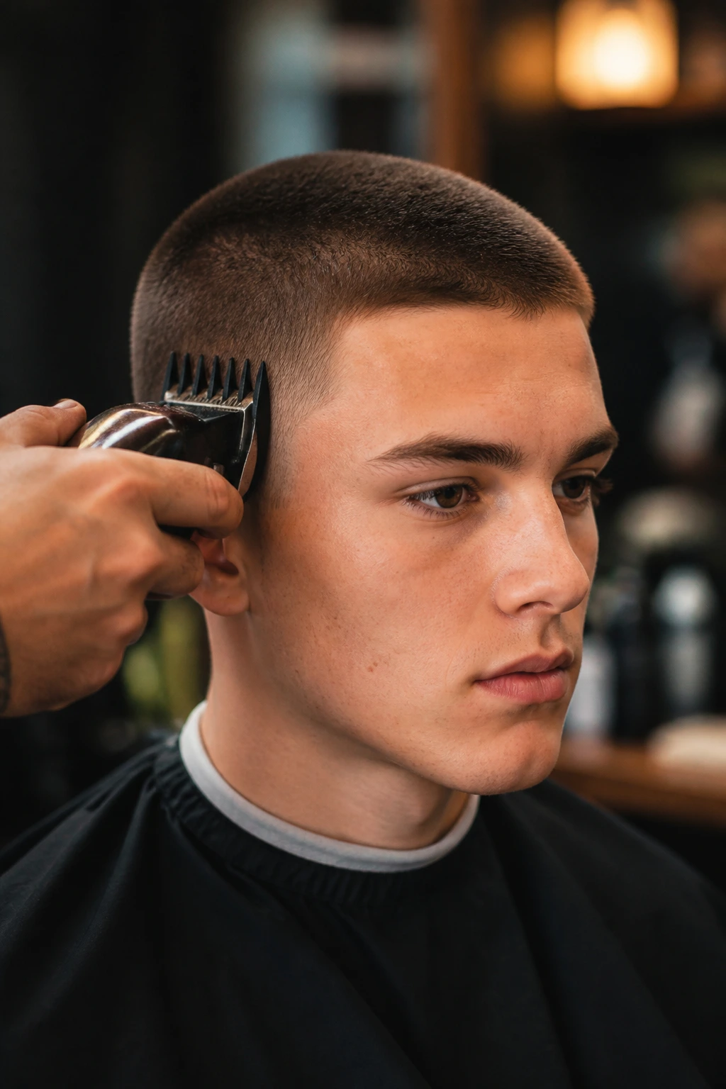 Close-up of a real person getting a buzz cut with a barber near the head