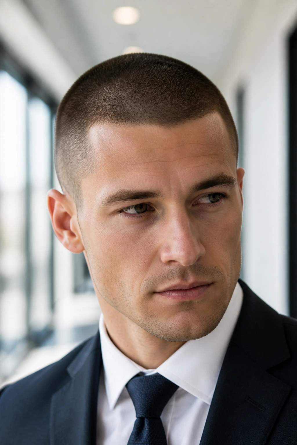 Portrait of a man with a clean buzz cut in a minimalist office corridor.