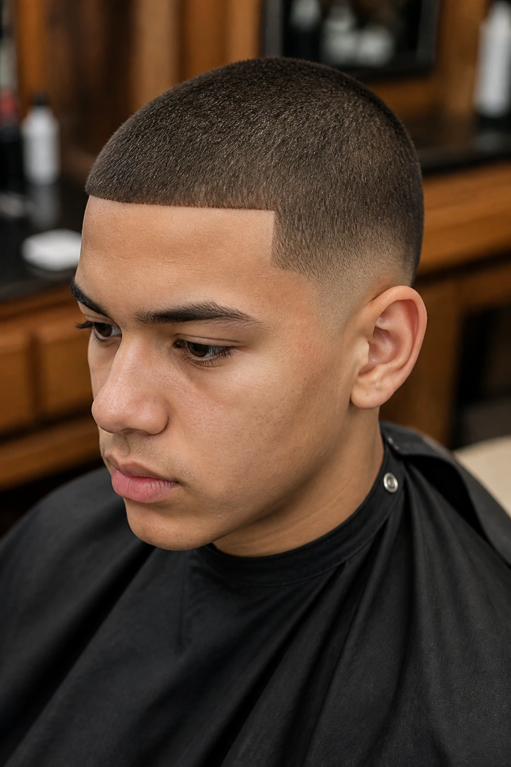 Close-up of teenage boy with buzz cut and sharp line-up in barbershop