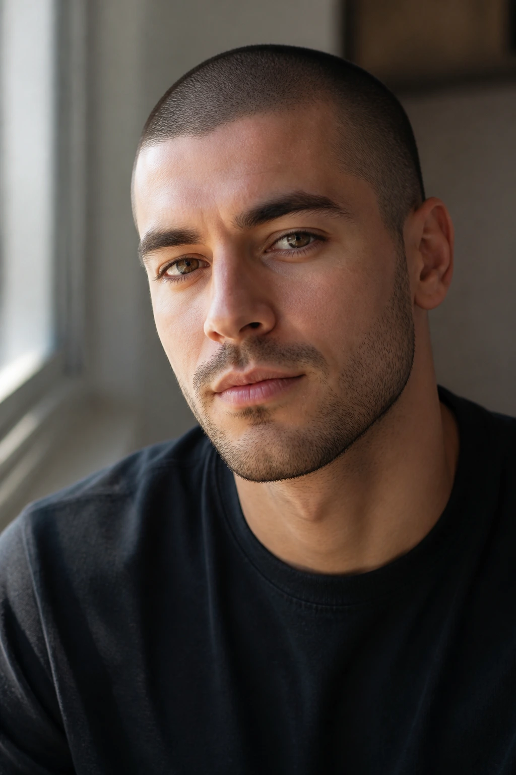 Close-up of buzz cut with five o'clock shadow on real person