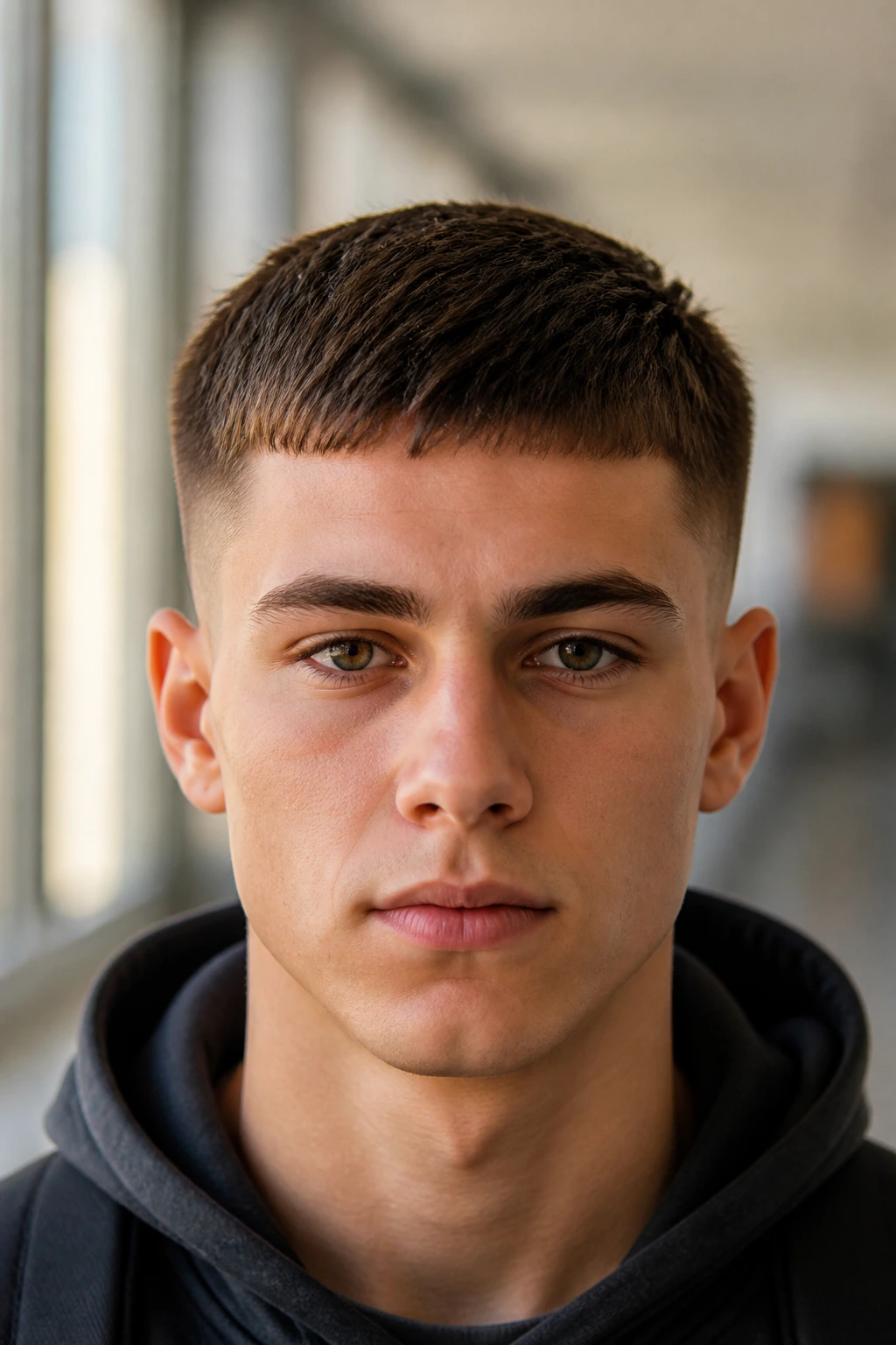 Front-facing student with Caesar-inspired buzz haircut