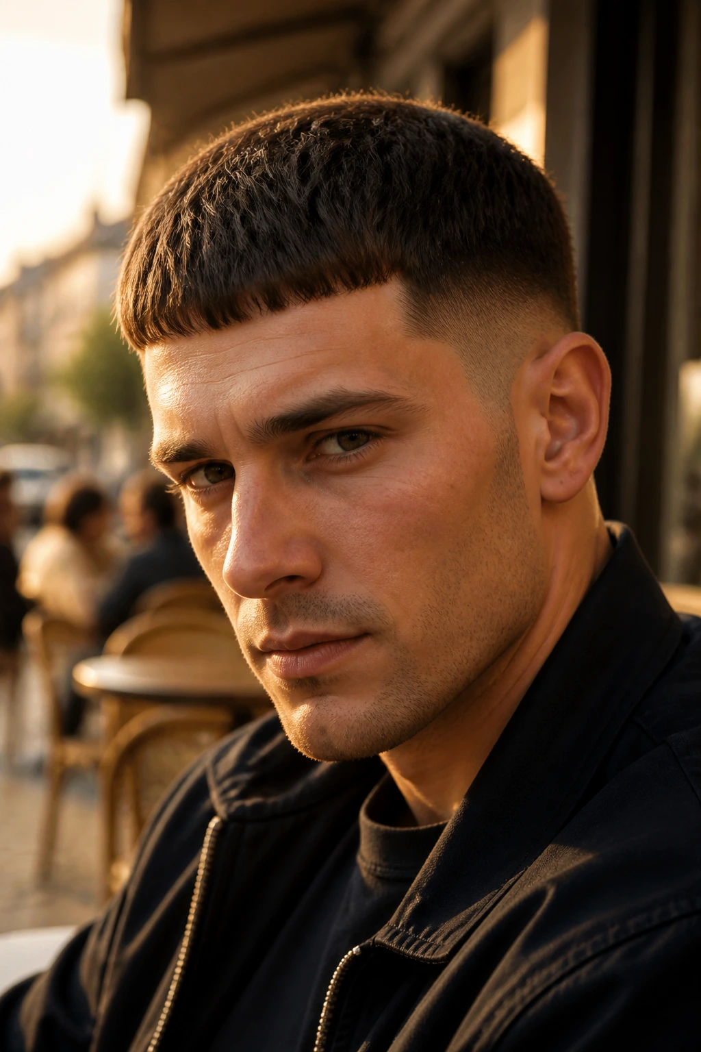 Man with Caesar cut hairstyle on city sidewalk during golden hour.