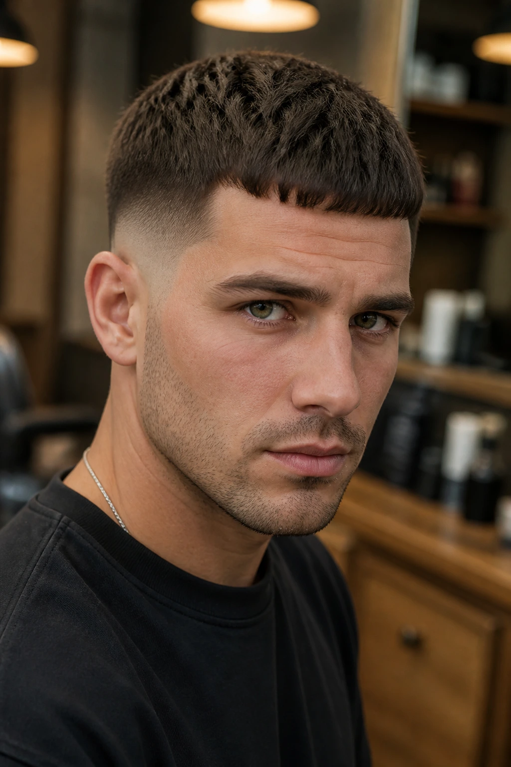 Portrait of man with Caesar cut and modern taper