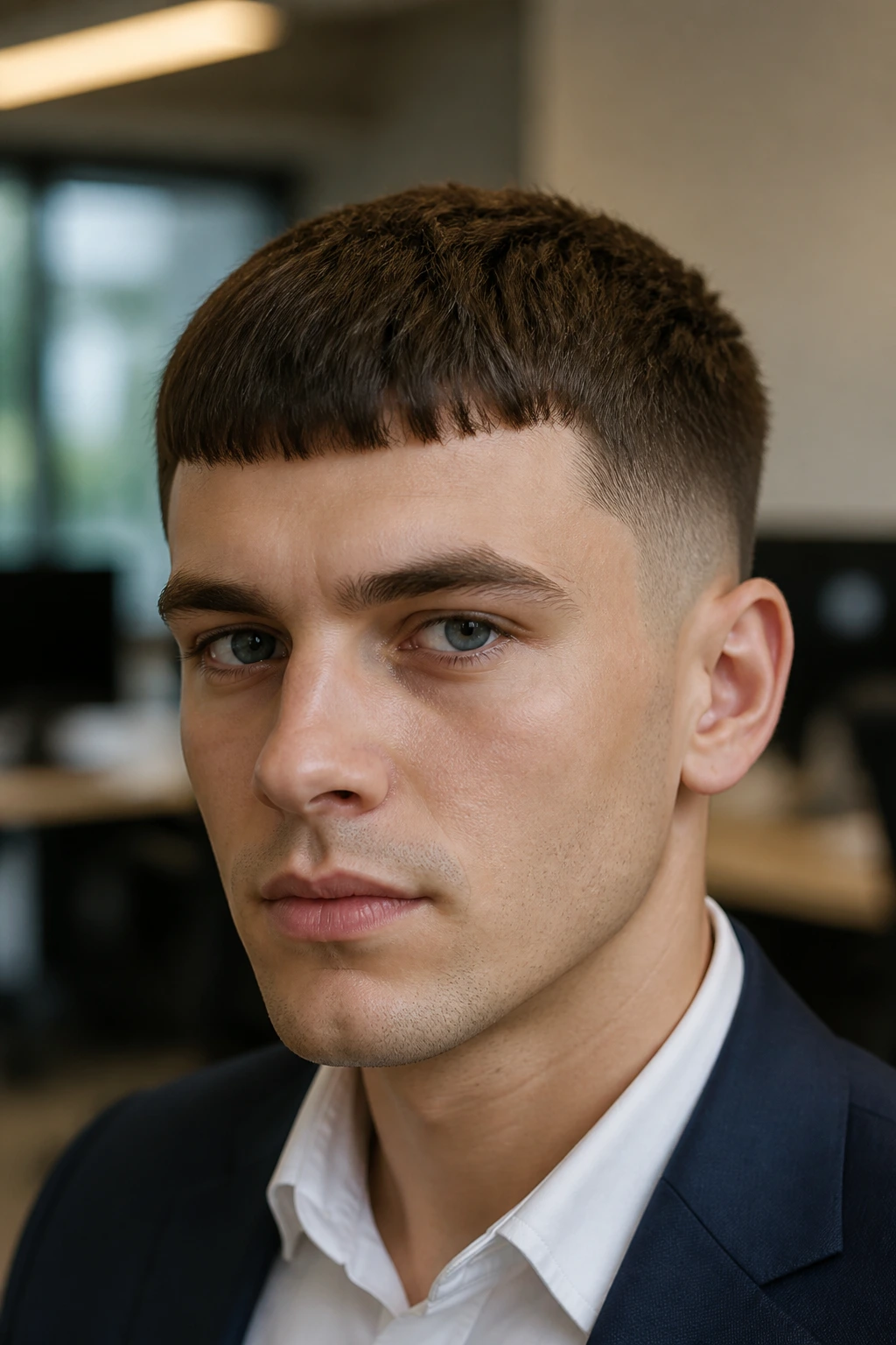 Close-up of a man with a Caesar cut in a clean corporate office