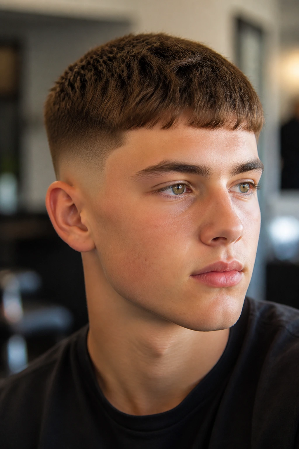 Teenage boy with Caesar cut in natural indoor light.