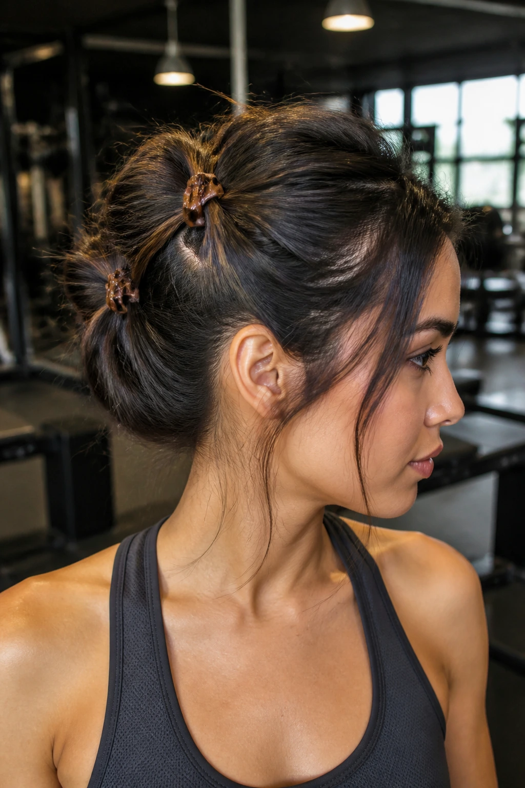 Close-up of real woman with cage braid secured by three claws in gym