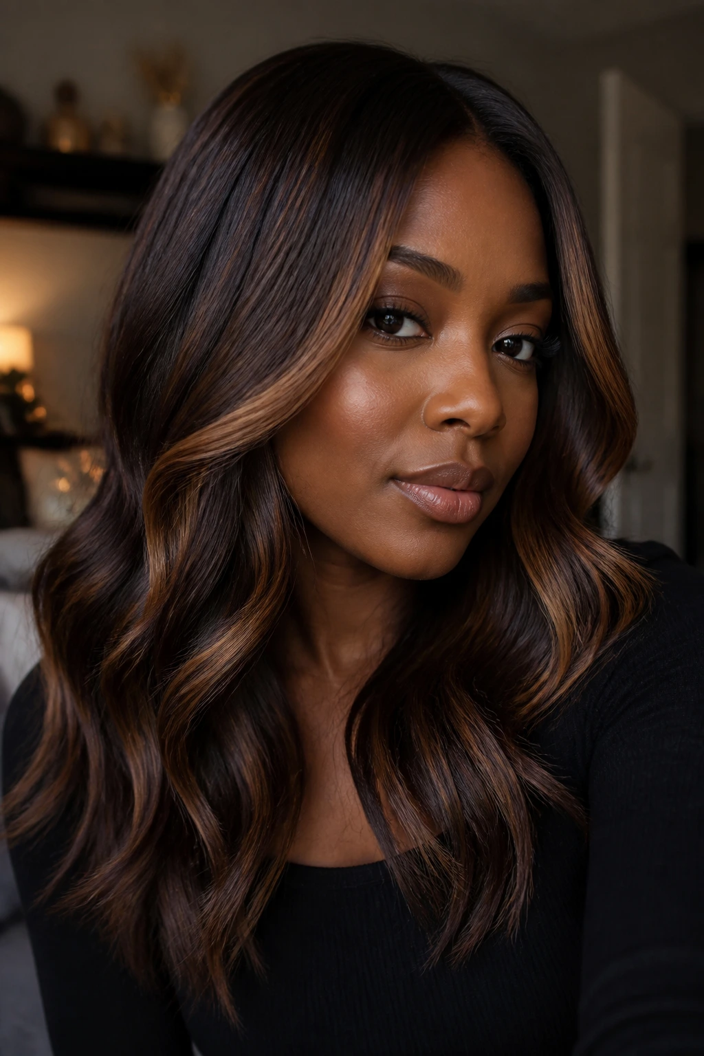 Close-up of a real woman with dark skin and caramel balayage highlights on a deep chocolate base