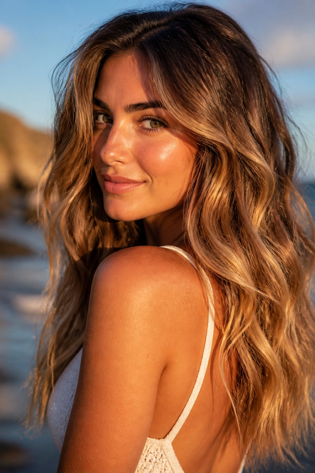 Close-up of a real person's hair with soft caramel balayage on beachy waves