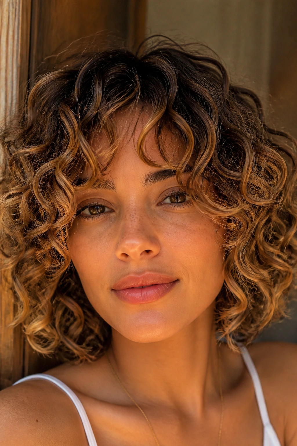 Close-up of a woman with caramel-highlighted curly bob and curtain bangs