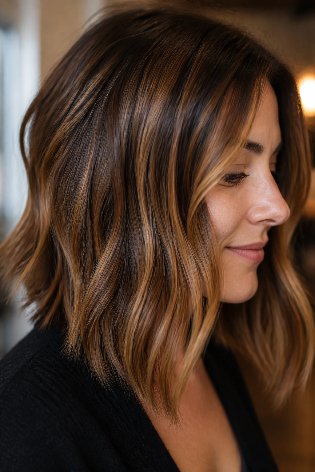 Portrait of a woman with subtle caramel ribbons in a long bob