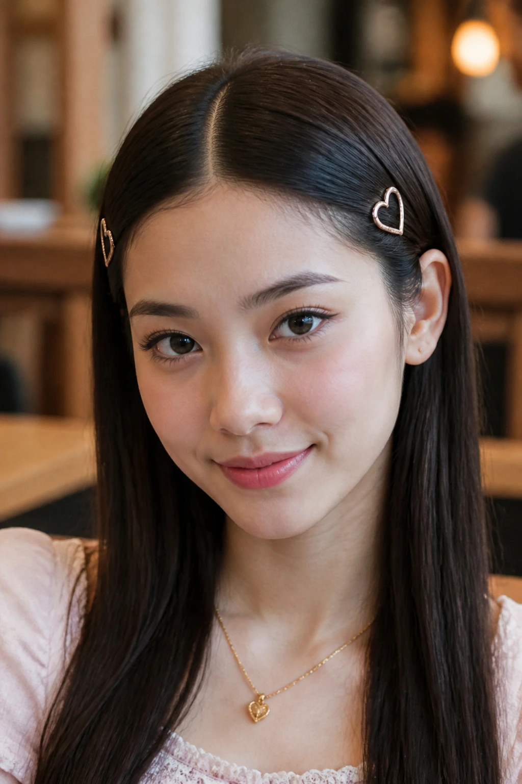 Close-up of a woman with a center part and heart clips