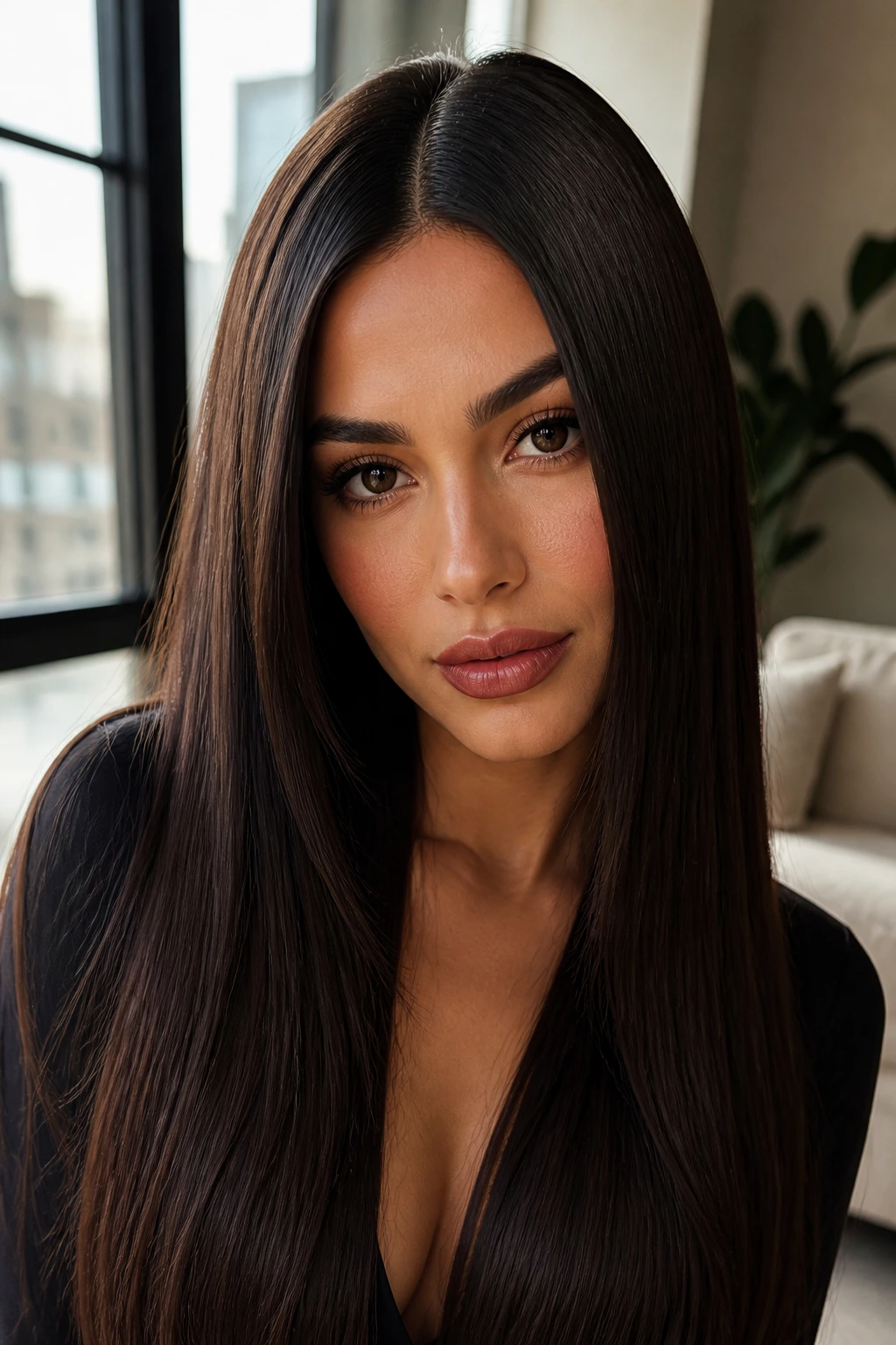 Portrait of a real woman with long sleek center-part espresso hair