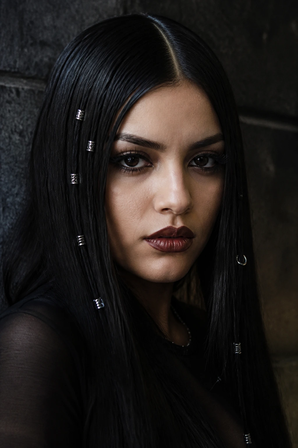 Latina woman with long straight hair, center part, and silver hair rings