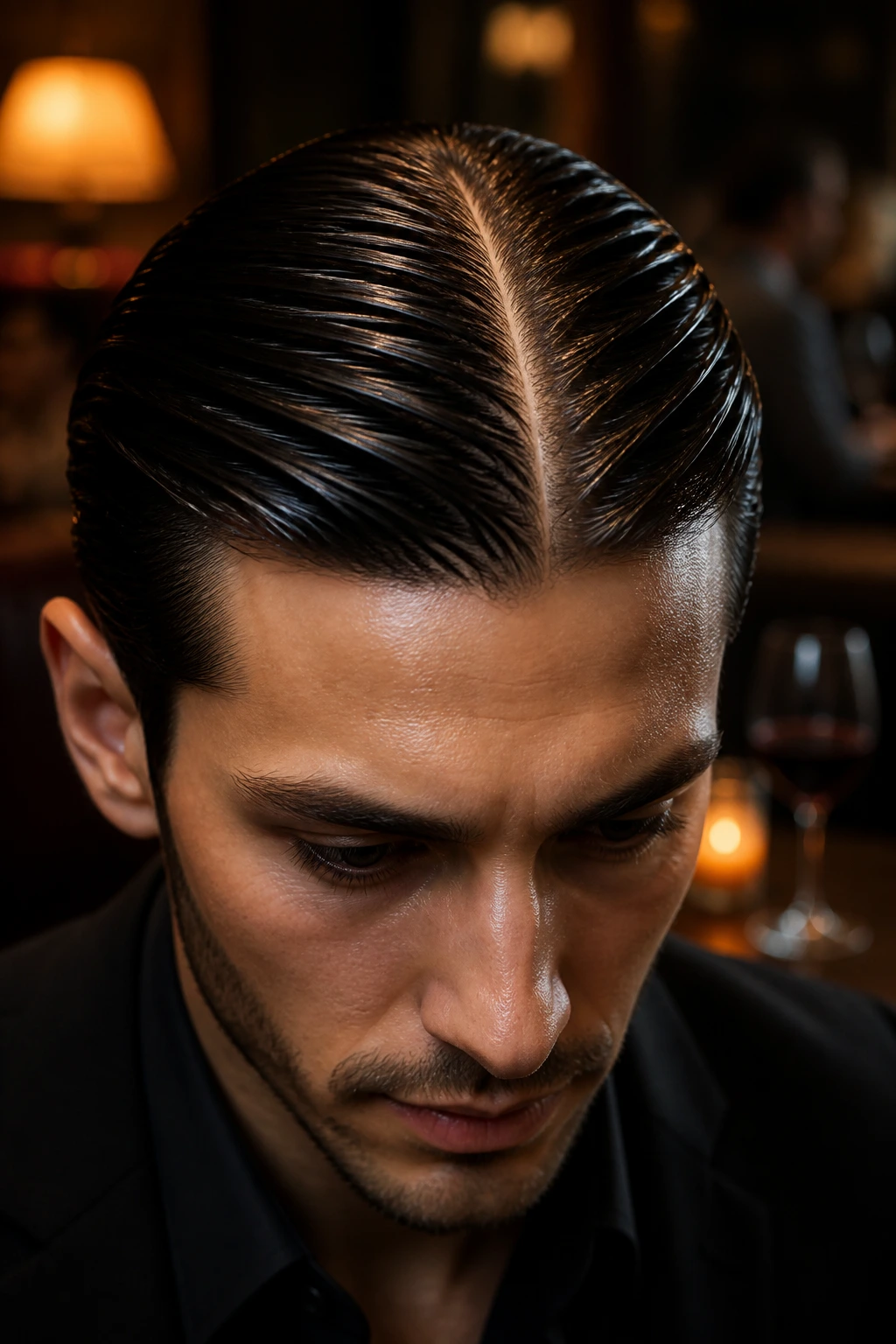 Close-up of a real person with a shiny oil-slick center part