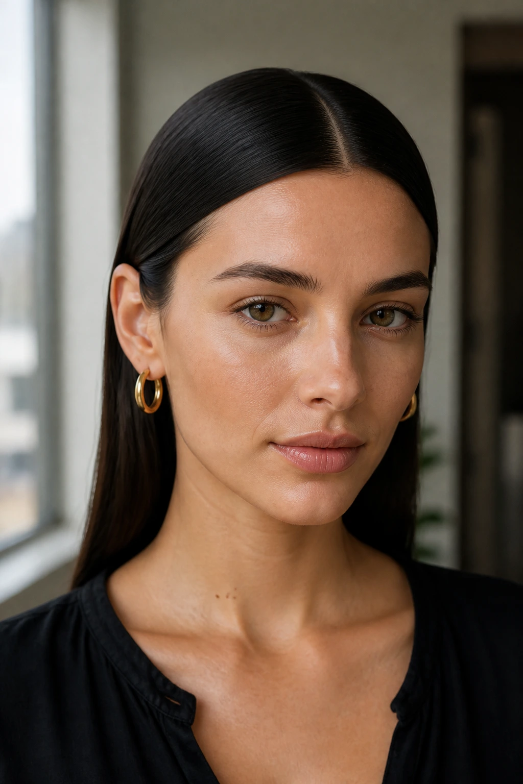 Close-up of a real person with a sleek center-part tucked behind the ears