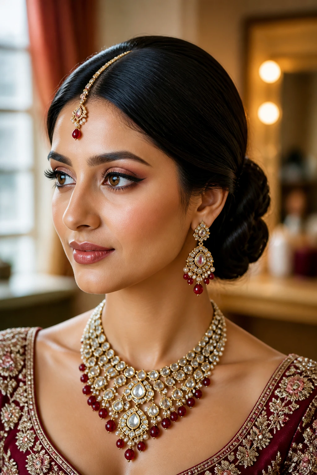 Close-up of a woman with a center-parted sleek low bun and bridal jewelry