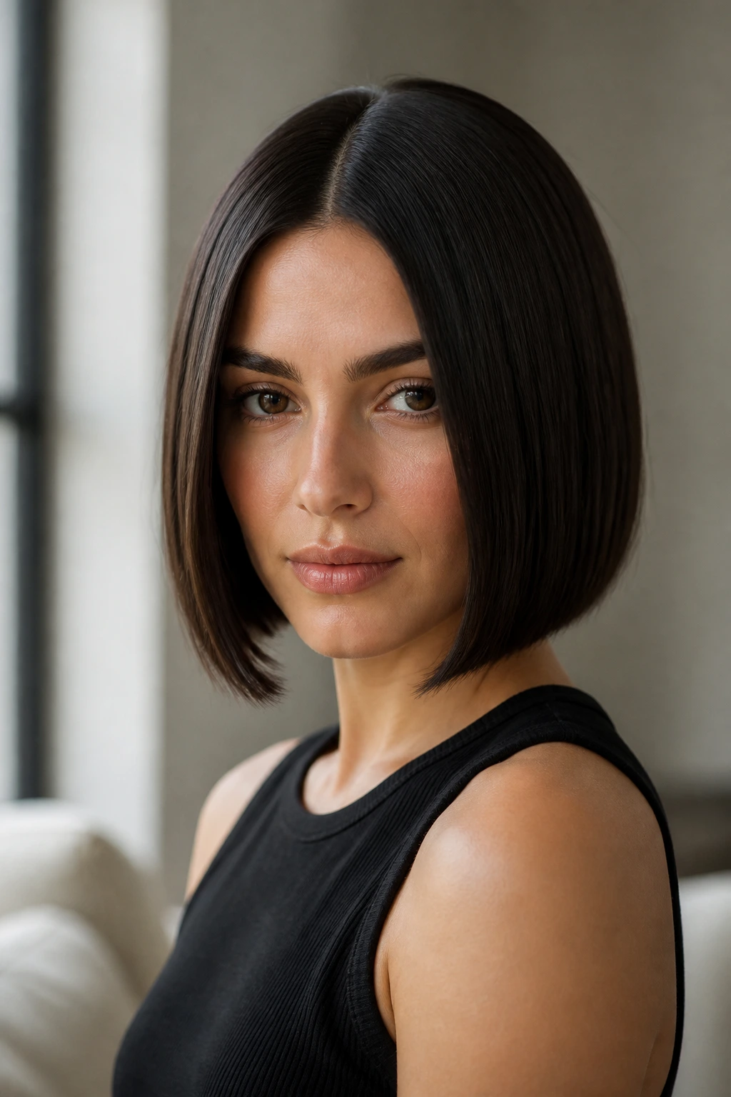 Portrait of a real woman with a center-parted chin-length A-line bob