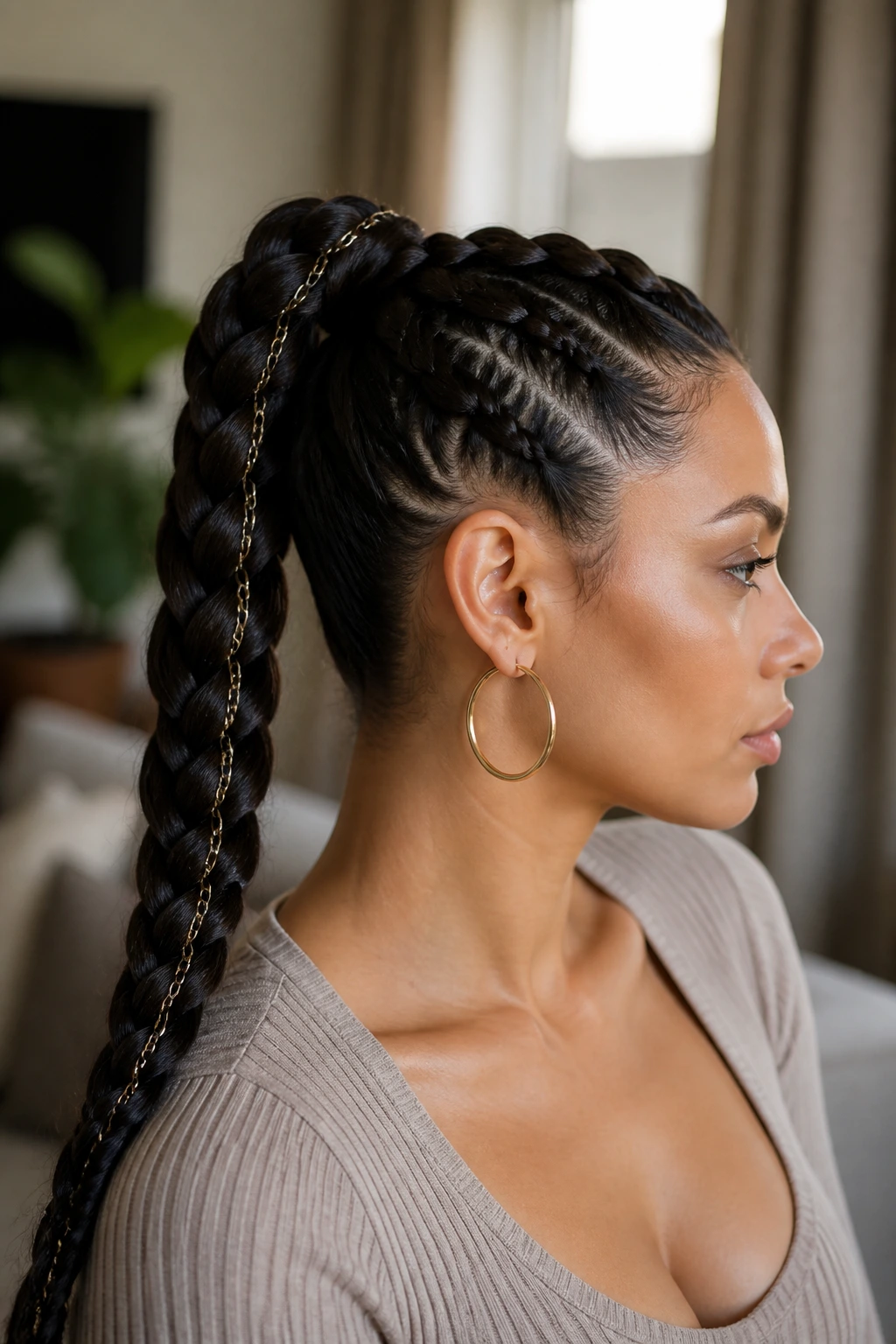 Close-up of chain-link braided ponytail with metallic chain woven into thick Dutch braid on a real person