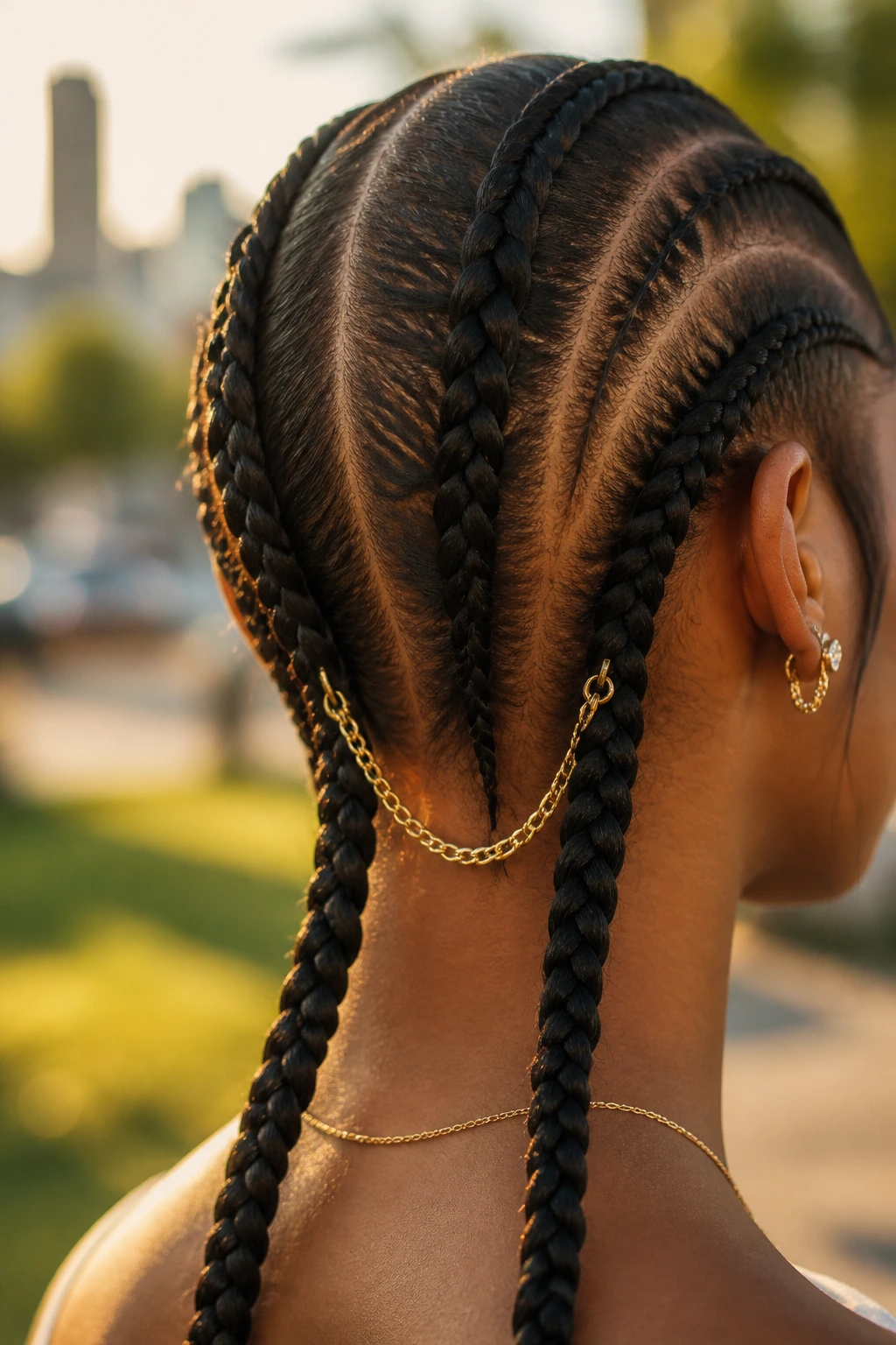 Close-up of two braids connected with a gold chain in a real person's hair