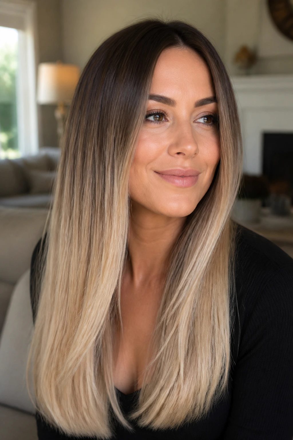 Close-up portrait of a real woman with champagne beige ombré hair fading from dark roots to light ends