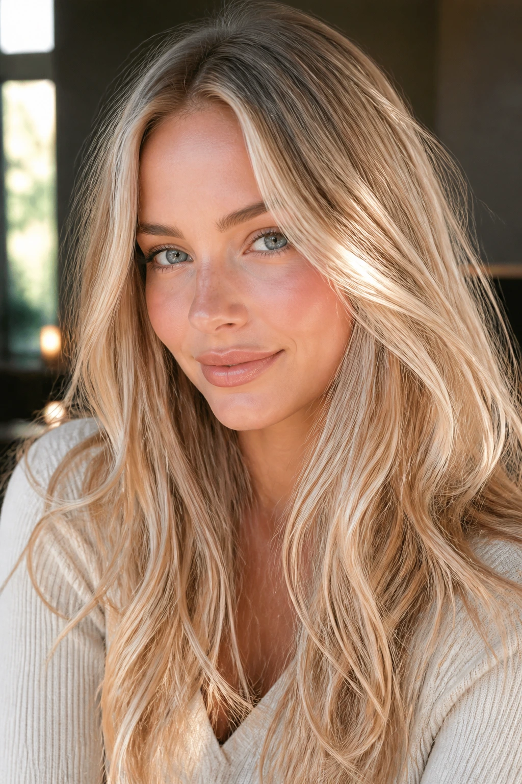 Real person with champagne blonde hair in warm, multi-toned light.