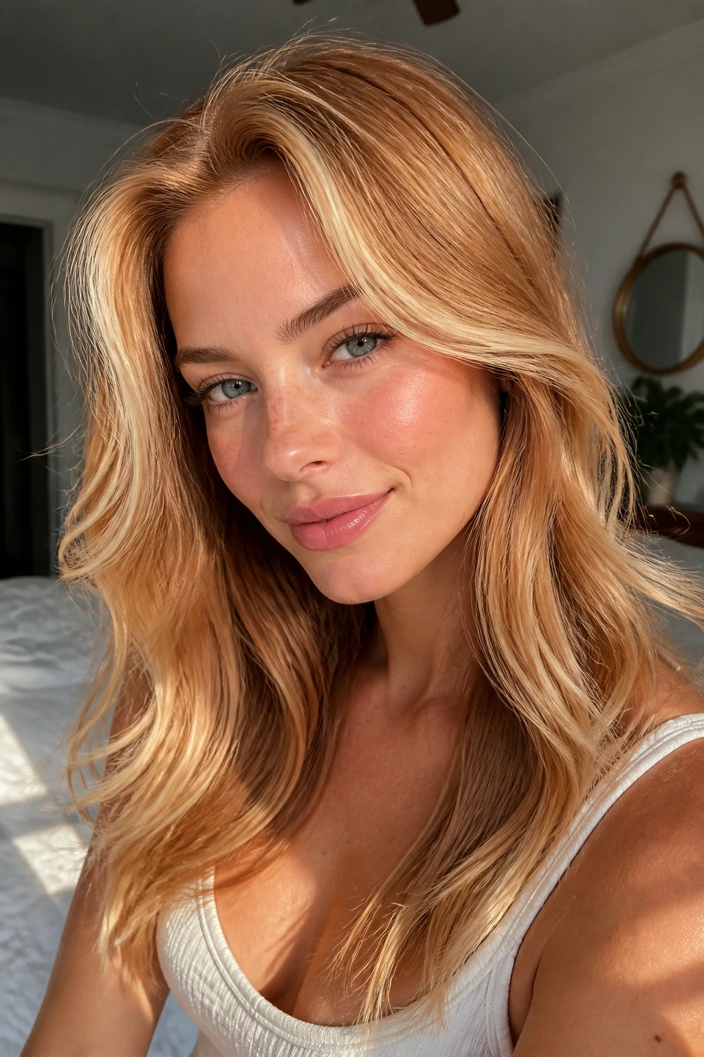 Close-up of a real woman's strawberry-blonde hair with champagne frosting halos around temples and ends