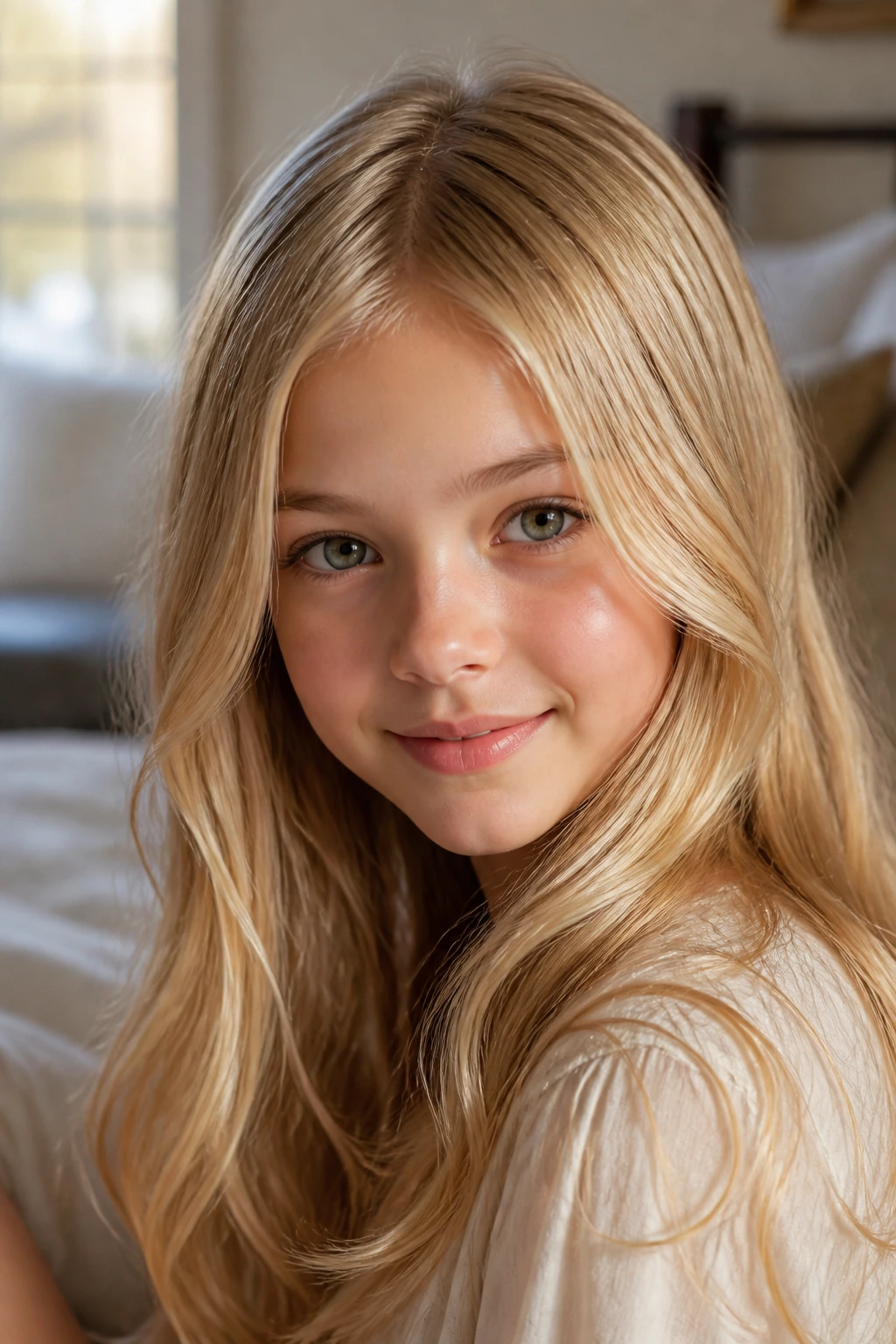 Close-up of a child with champagne-gold gloss on light blonde hair