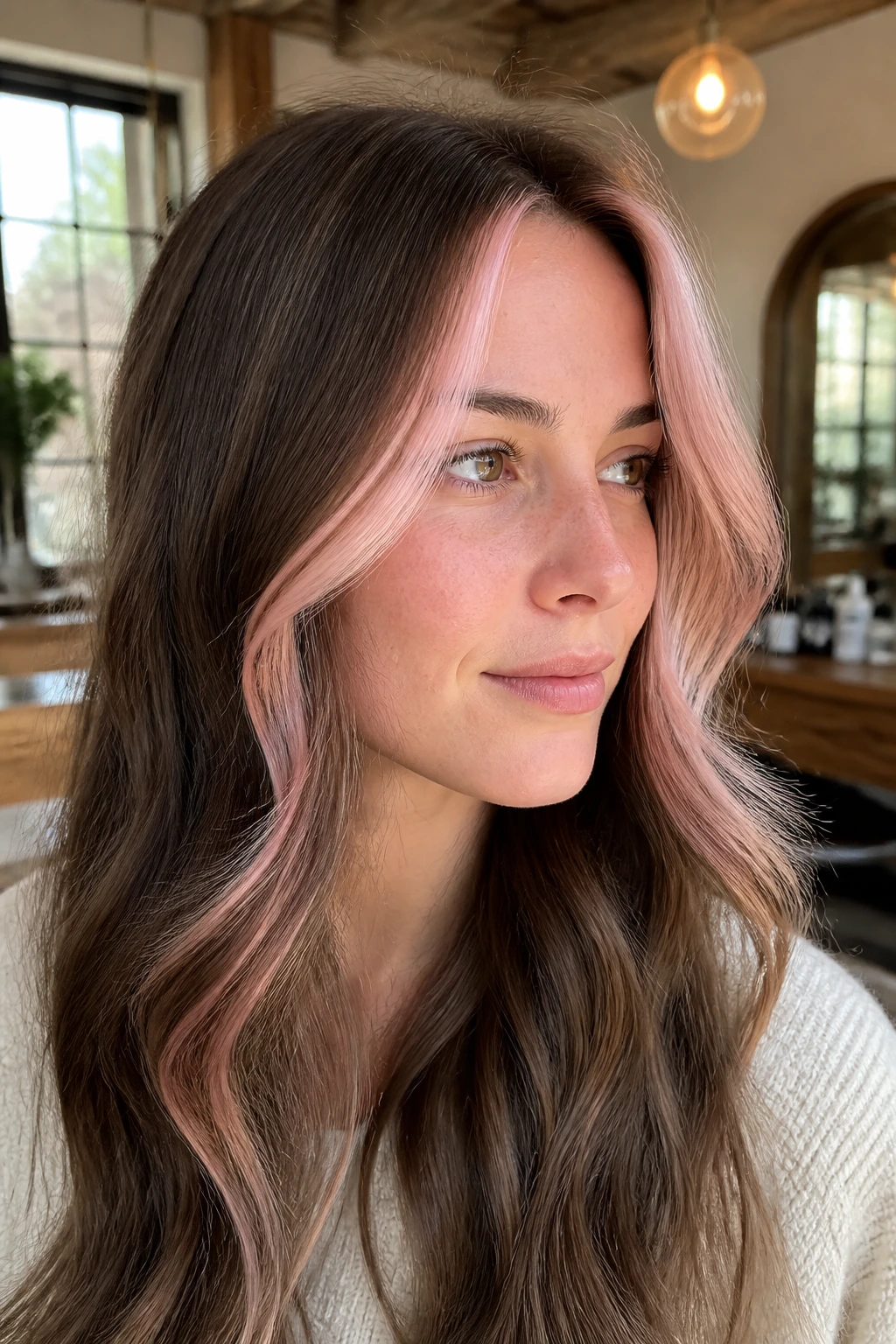 Close-up of a real person with champagne pink money pieces framing the face in a sunlit salon